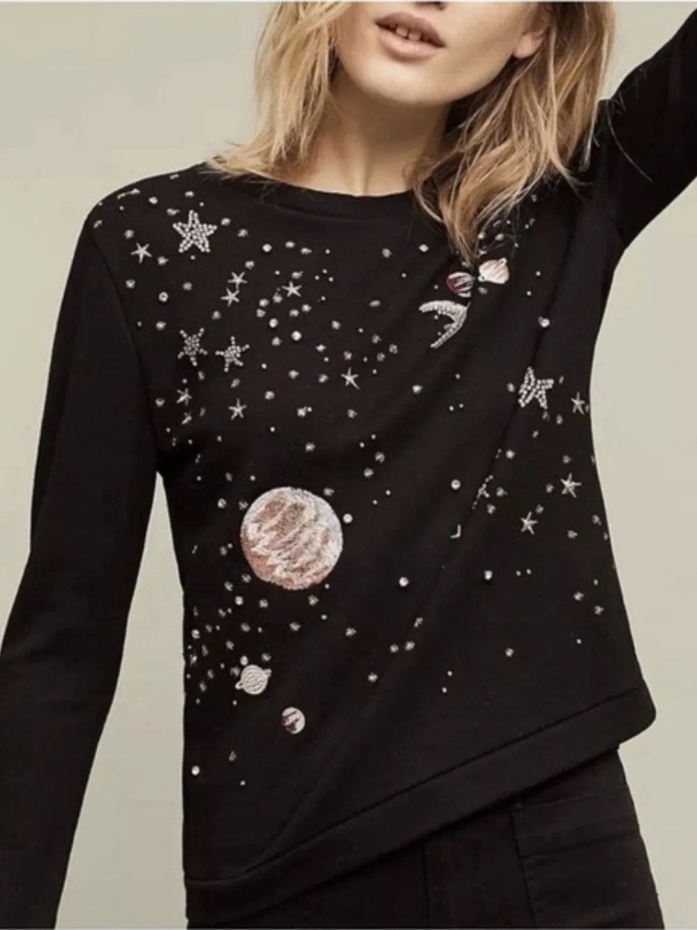 NEW Anthropologie Cosmic Galaxy Black Beaded Moon Space Star Sweatshirt Top - Picture 1 of 9